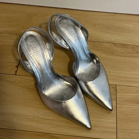 SCHUTZ Silver Pointed-Toe Stiletto Mules - Picture 2 of 4